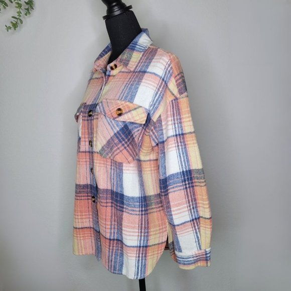 WOMEN’S CASUAL PINK  MULTI PLAID FLANNEL SHACKET JACKET OVERSIZED - Picture 3 of 11